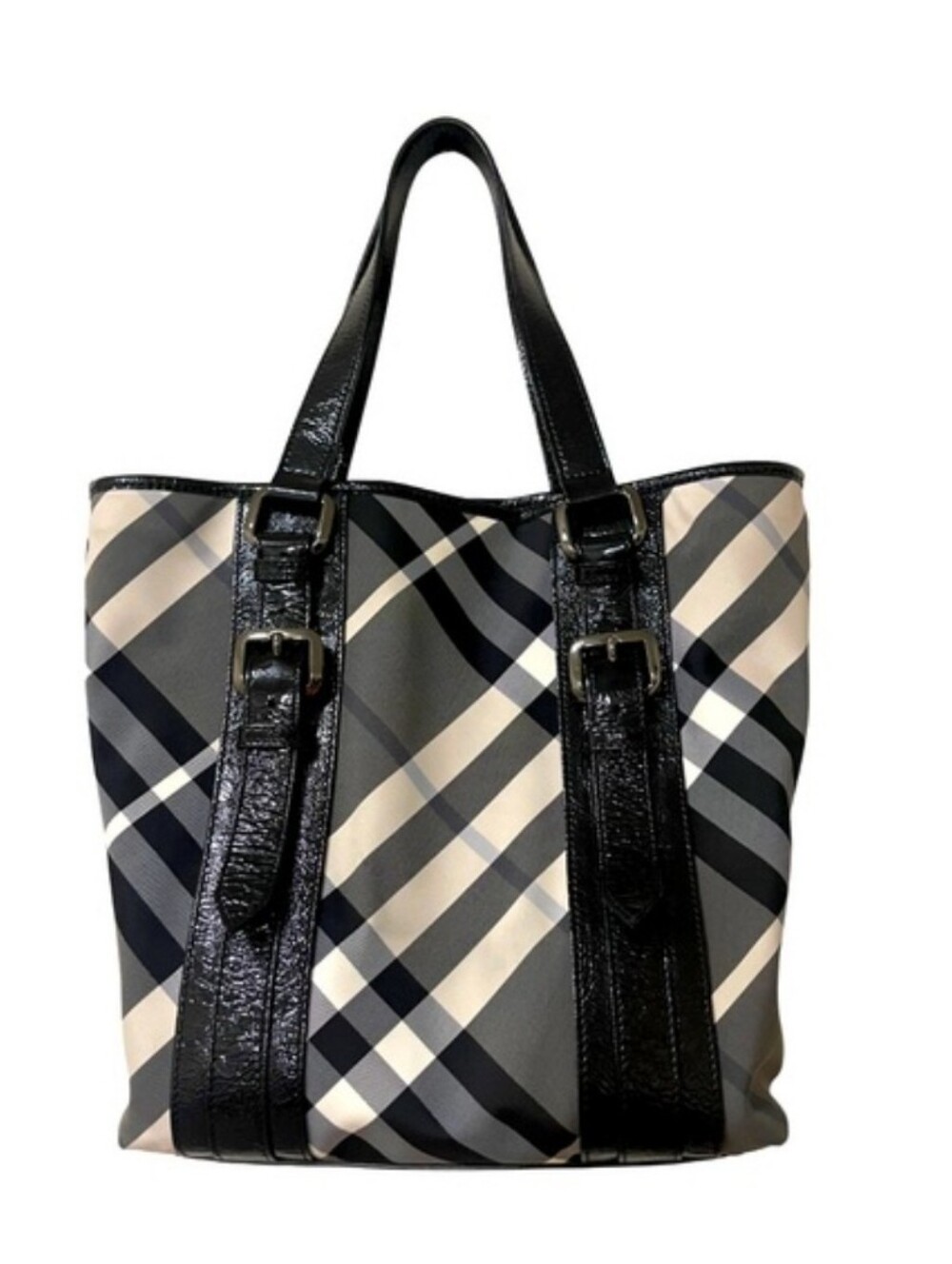 Burberry Black, Gray & Cream Plaid Tote with Patent Trim